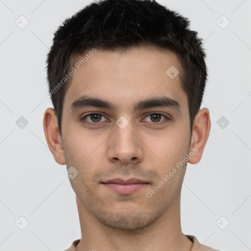 Neutral white young-adult male with short  brown hair and brown eyes