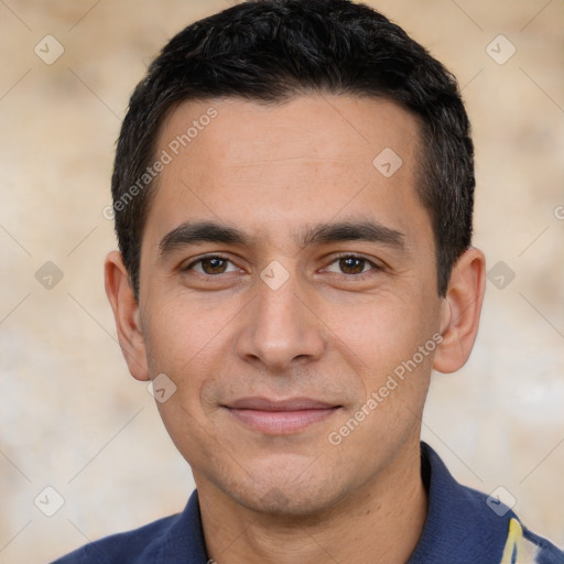 Joyful white young-adult male with short  black hair and brown eyes