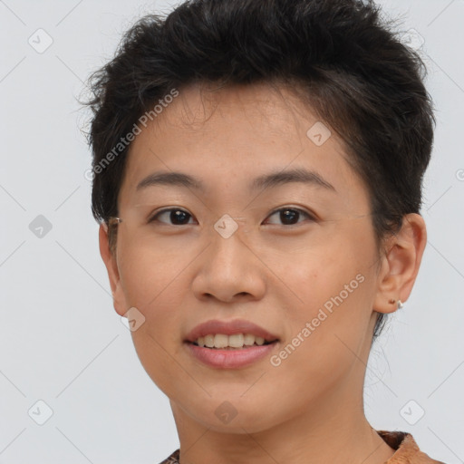 Joyful asian young-adult female with short  brown hair and brown eyes