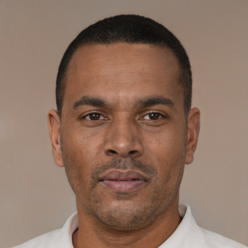 Neutral latino adult male with short  black hair and brown eyes