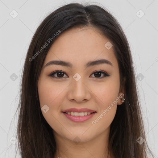 Joyful white young-adult female with long  brown hair and brown eyes