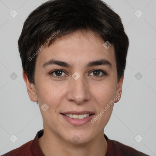 Joyful white young-adult female with short  brown hair and brown eyes