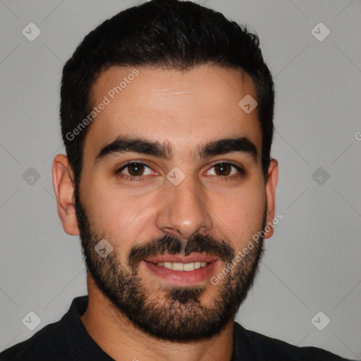 Joyful latino young-adult male with short  black hair and brown eyes