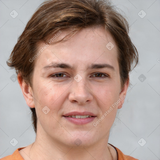 Joyful white young-adult female with medium  brown hair and brown eyes