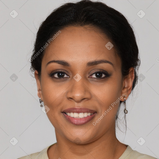 Joyful latino young-adult female with medium  brown hair and brown eyes