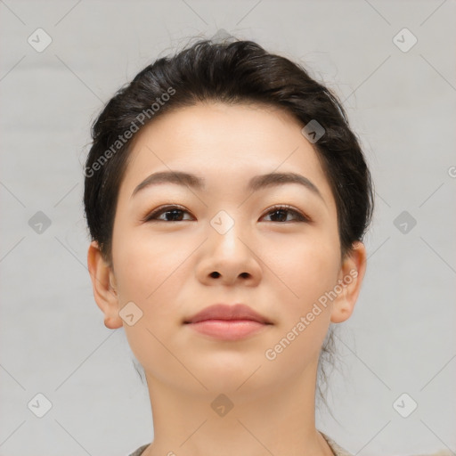 Neutral asian young-adult female with short  brown hair and brown eyes