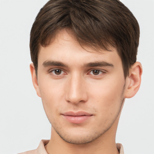 Neutral white young-adult male with short  brown hair and brown eyes