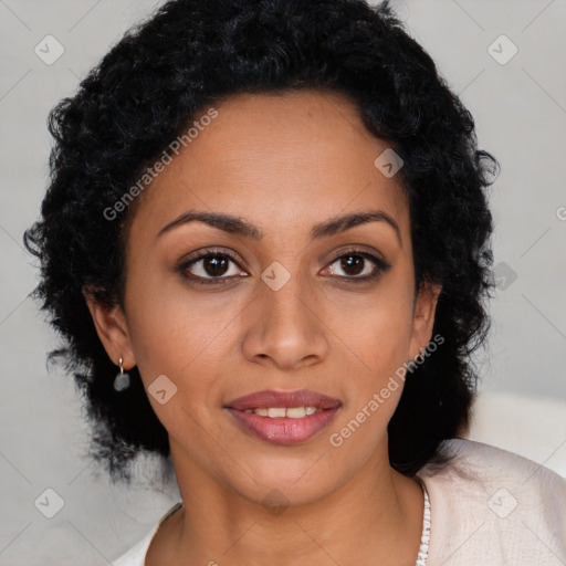 Joyful latino young-adult female with short  black hair and brown eyes