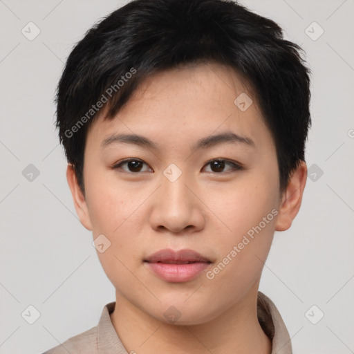 Neutral asian young-adult female with short  black hair and brown eyes