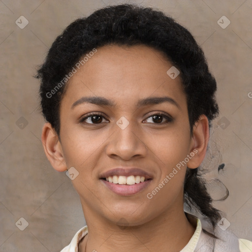 Joyful latino young-adult female with short  black hair and brown eyes