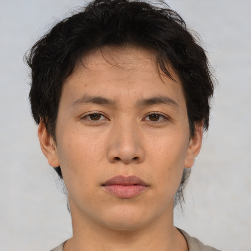 Neutral asian young-adult male with short  brown hair and brown eyes