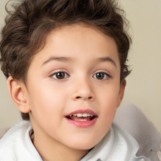 Joyful white child female with short  brown hair and brown eyes