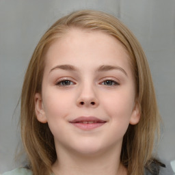 Joyful white child female with medium  brown hair and blue eyes