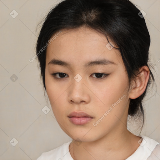 Neutral asian young-adult female with medium  brown hair and brown eyes