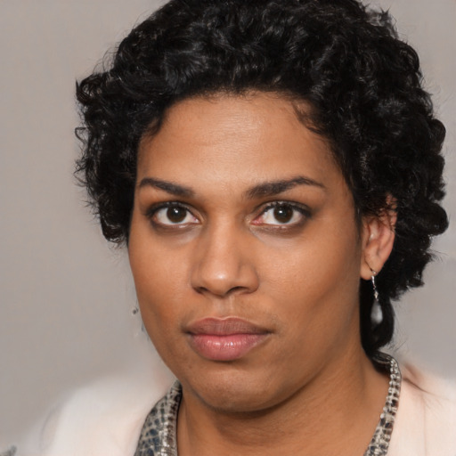 Neutral black young-adult female with short  black hair and brown eyes