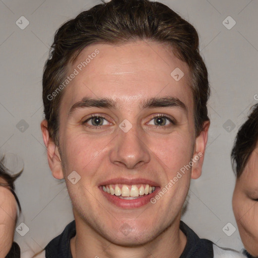 Joyful white young-adult male with medium  brown hair and brown eyes