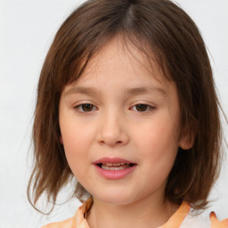 Joyful white child female with medium  brown hair and brown eyes