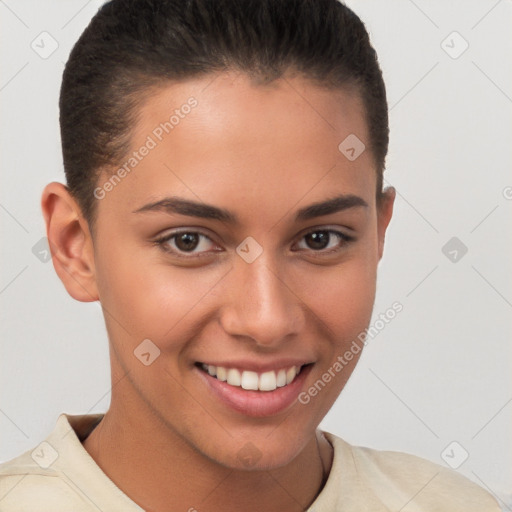 Joyful white young-adult female with short  brown hair and brown eyes