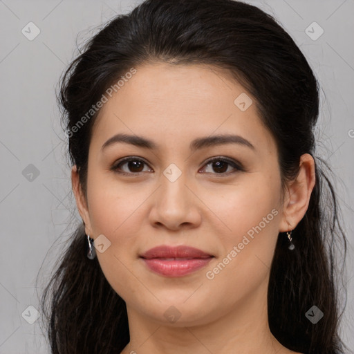 Joyful white young-adult female with long  brown hair and brown eyes