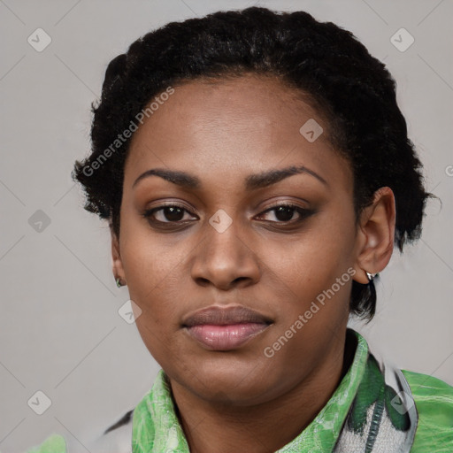 Joyful latino young-adult female with short  black hair and brown eyes