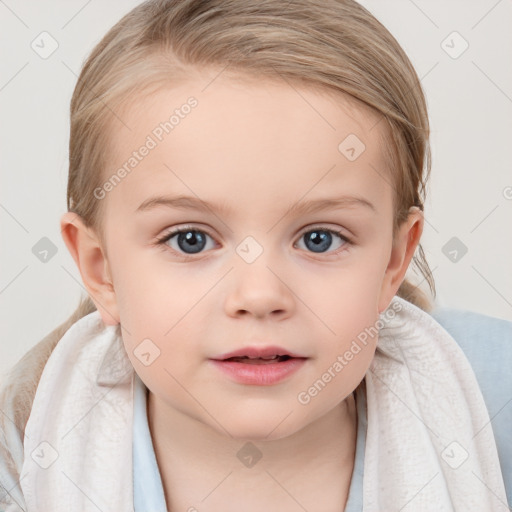 Neutral white child female with medium  brown hair and blue eyes