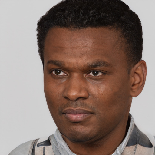 Neutral black adult male with short  black hair and brown eyes