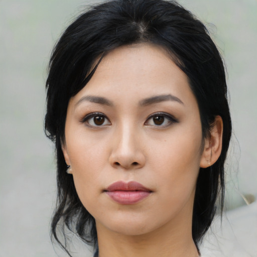 Neutral asian young-adult female with medium  black hair and brown eyes