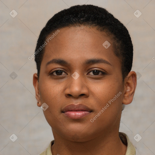 Neutral black young-adult female with short  brown hair and brown eyes