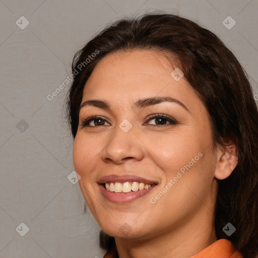 Joyful white young-adult female with medium  brown hair and brown eyes