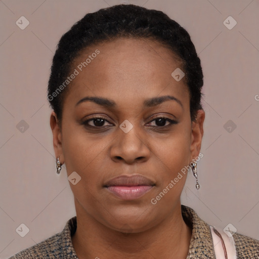 Joyful black young-adult female with short  black hair and brown eyes