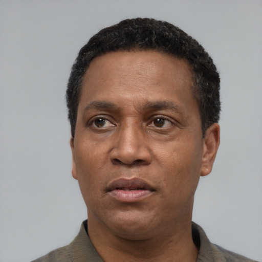 Neutral latino adult male with short  black hair and brown eyes