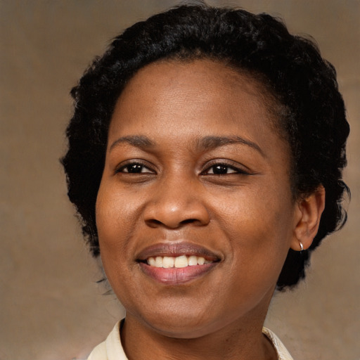 Joyful black adult female with short  black hair and brown eyes