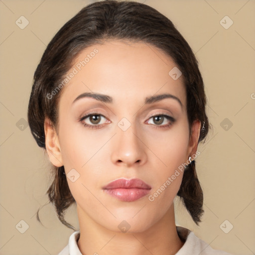 Neutral white young-adult female with medium  brown hair and brown eyes