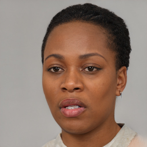 Neutral black young-adult female with short  black hair and brown eyes