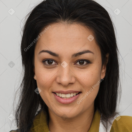 Joyful asian young-adult female with long  brown hair and brown eyes