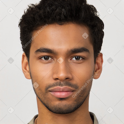 Neutral latino young-adult male with short  brown hair and brown eyes