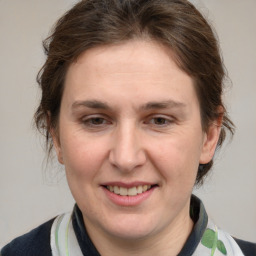 Joyful white adult female with medium  brown hair and grey eyes