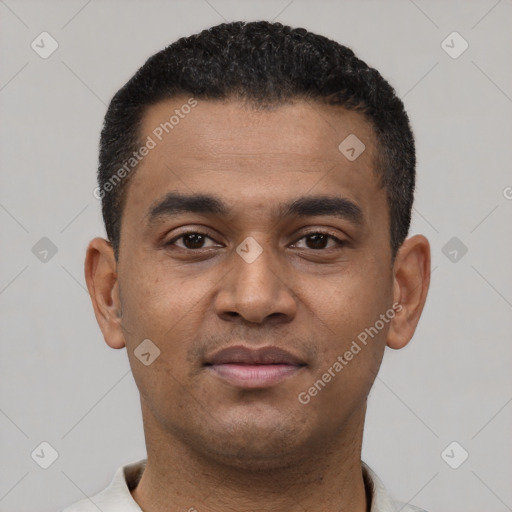 Neutral latino young-adult male with short  black hair and brown eyes