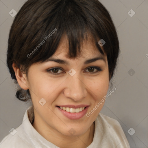 Joyful white young-adult female with medium  brown hair and brown eyes