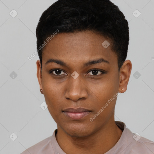 Neutral black young-adult female with short  black hair and brown eyes