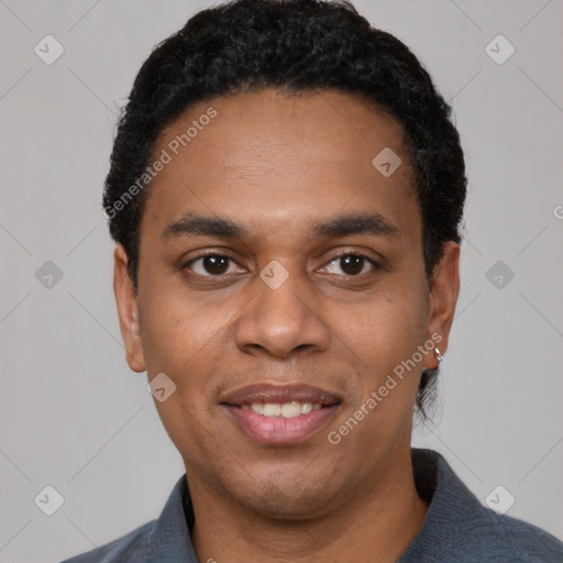 Joyful black young-adult male with short  black hair and brown eyes