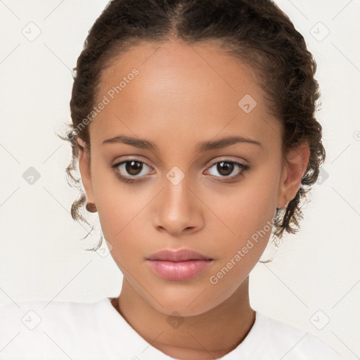 Joyful white child female with medium  brown hair and brown eyes