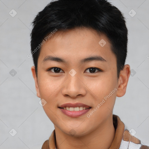 Joyful asian young-adult female with short  brown hair and brown eyes