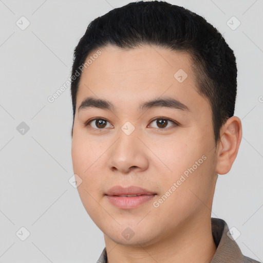 Neutral asian young-adult male with short  black hair and brown eyes