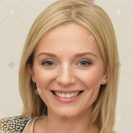 Joyful white young-adult female with medium  brown hair and blue eyes