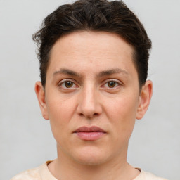 Neutral white young-adult female with short  brown hair and brown eyes