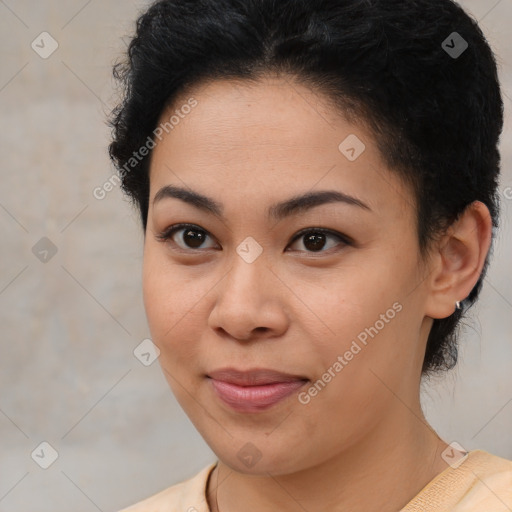 Joyful latino young-adult female with short  brown hair and brown eyes