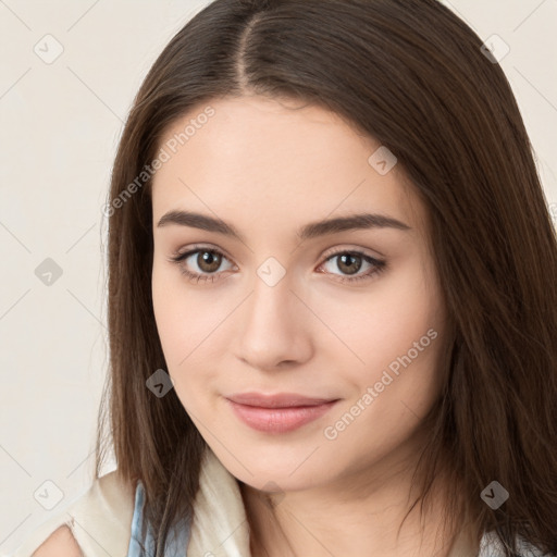 Neutral white young-adult female with long  brown hair and brown eyes