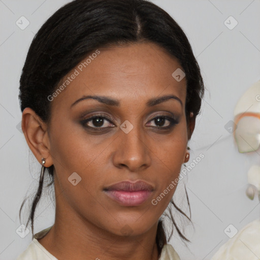 Neutral white young-adult female with medium  brown hair and brown eyes