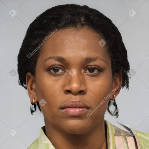 Neutral black young-adult female with short  brown hair and brown eyes